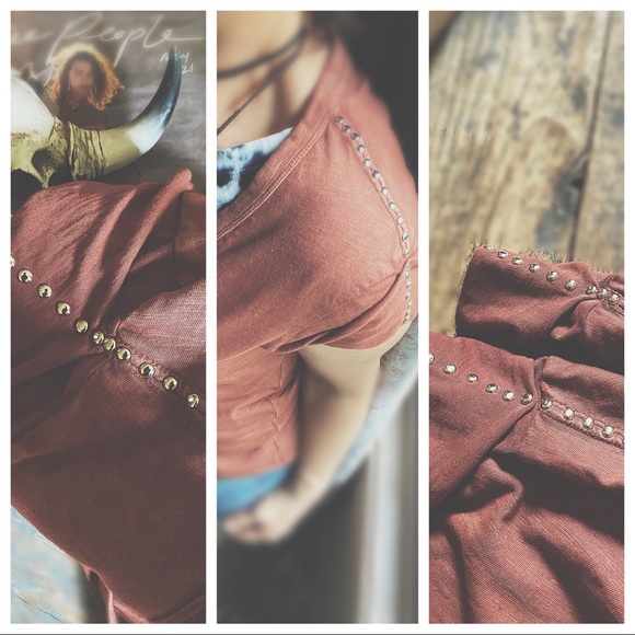 Studded Raw Edge Sleeve V-Neck Tee - Picture 8 of 16